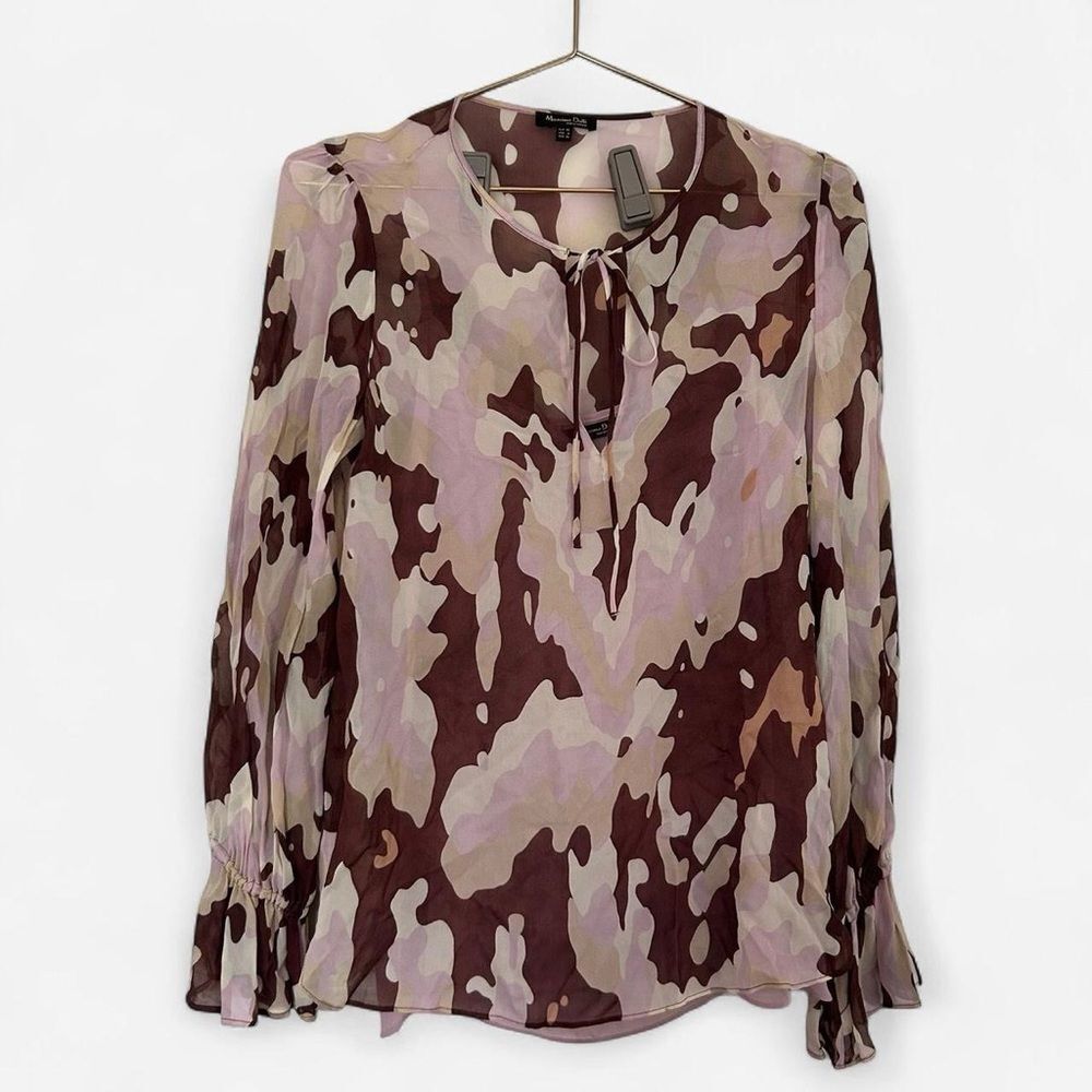 Massimo Dutti Abstract Camo Print romantic feminine keyhole blouse size 4 - Picture 9 of 11